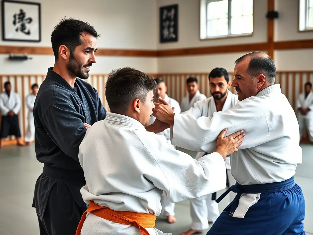 An inspiring photo of adult judo practitioners of various ages and backgrounds engaged in randori (free practice), demonstrating camaraderie and focus in a well-equipped dojo.