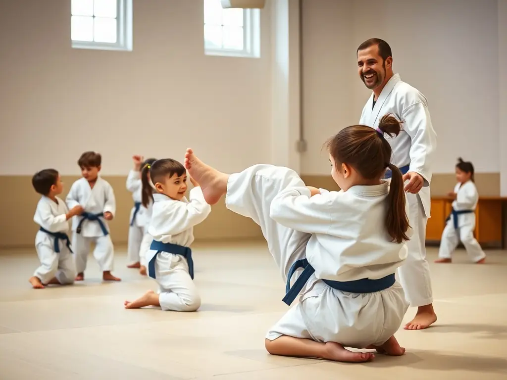 A vibrant photo of a group of children in white judo uniforms practicing basic throws on padded mats, with a smiling instructor guiding them in a bright, welcoming dojo.
