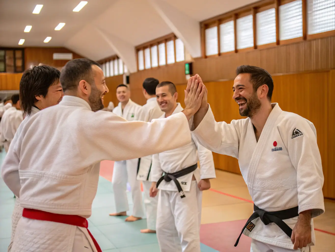 A group photo of smiling judokas of various ages wearing white and colored belts, celebrating after a successful training session, reflecting community spirit and achievement.