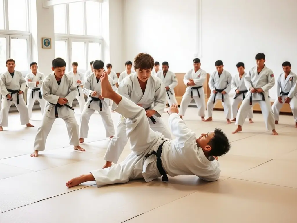 A close-up of a judo instructor demonstrating a safe falling technique to a group of attentive young students, emphasizing safety and learning in a friendly atmosphere.