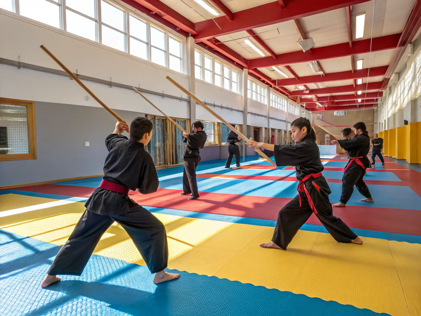 A vibrant dojo scene with children and adults practicing judo throws and groundwork under the supervision of a black belt instructor, highlighting a welcoming and energetic training environment.