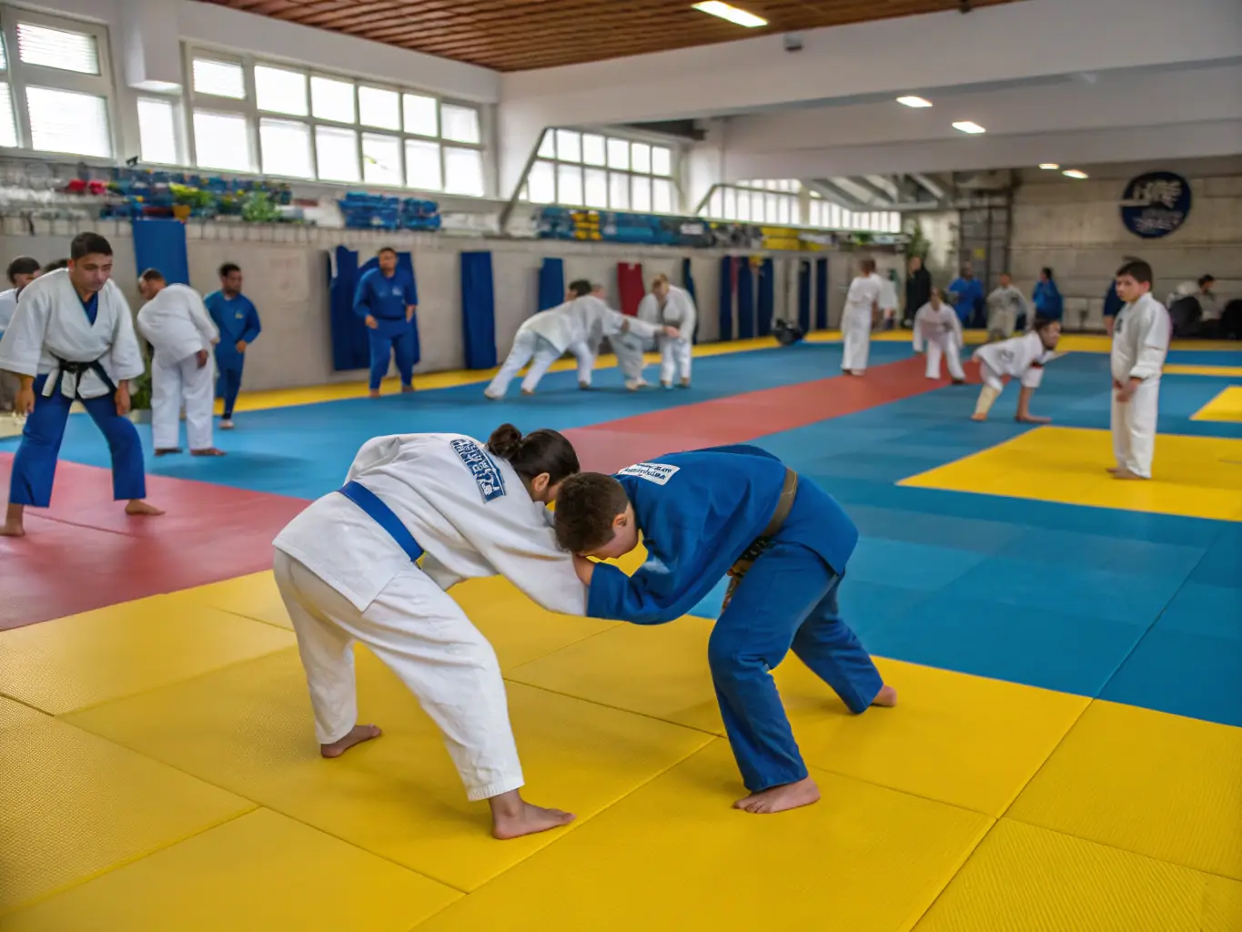A dynamic image of teenagers in blue and white judo gis practicing advanced techniques, with one student executing a controlled throw under the supervision of a black belt instructor.
